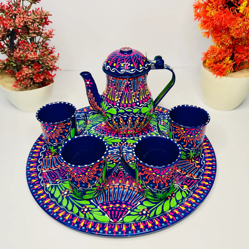 Pakistani Truck Art Inspired Fine Art Tea Set – Hand Painted Tray With 4 Cups