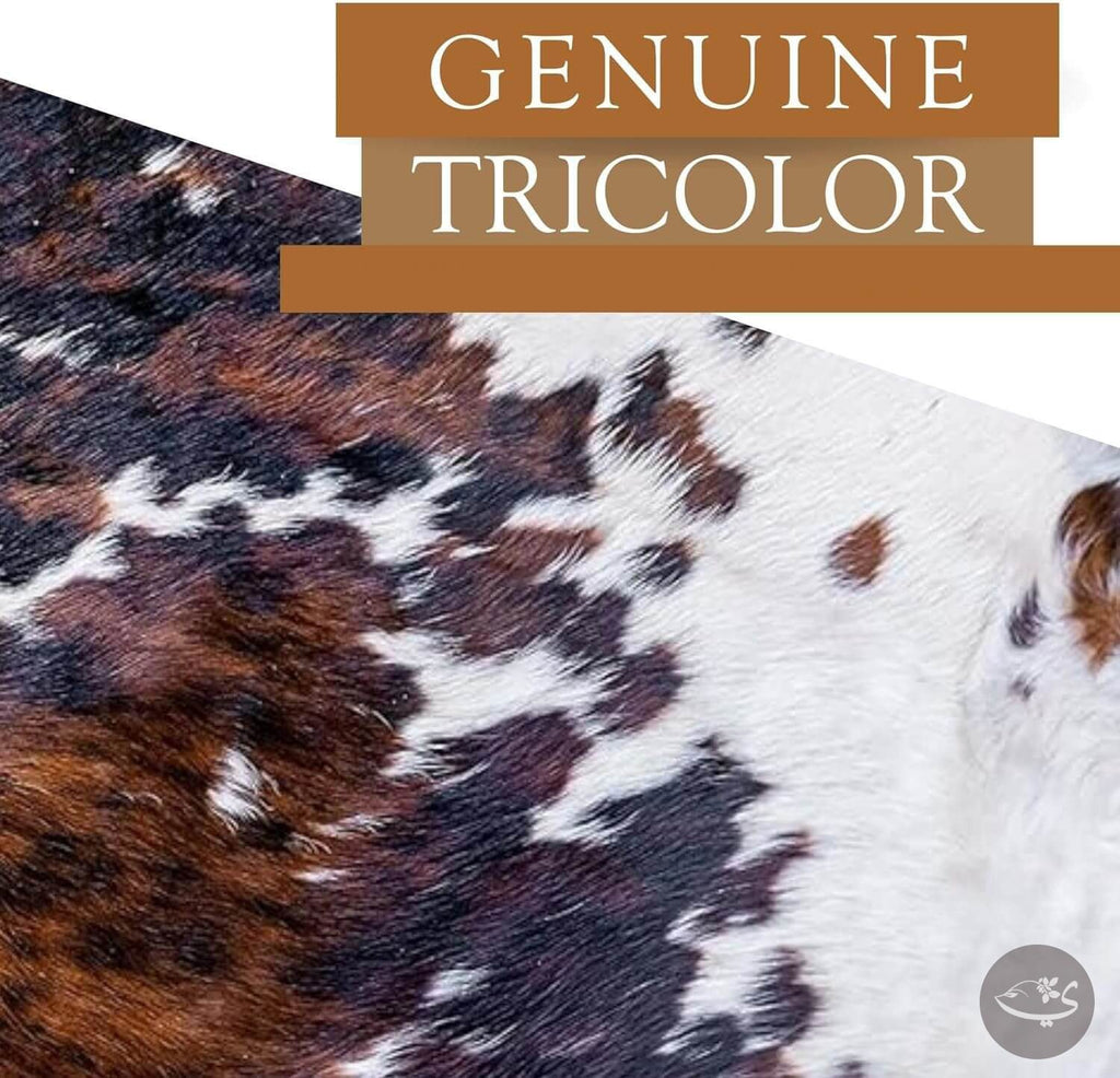 100% Genuine Tri-Colour Cowhide Rug – Brown, Black & White Modern Style Animal Skin Rug & Floor Carpet for Living Room, Bedroom, Kitchen & More