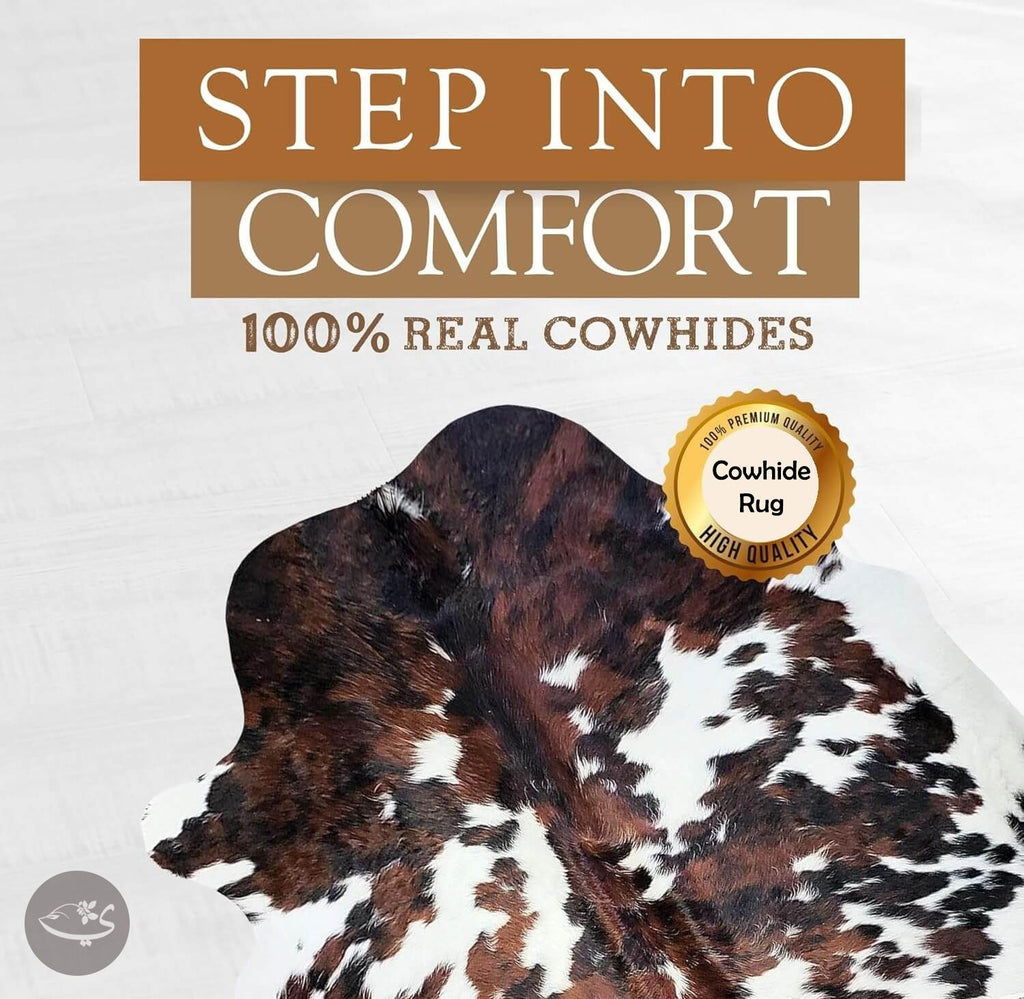 100% Genuine Tri-Colour Cowhide Rug – Brown, Black & White Modern Style Animal Skin Rug & Floor Carpet for Living Room, Bedroom, Kitchen & More