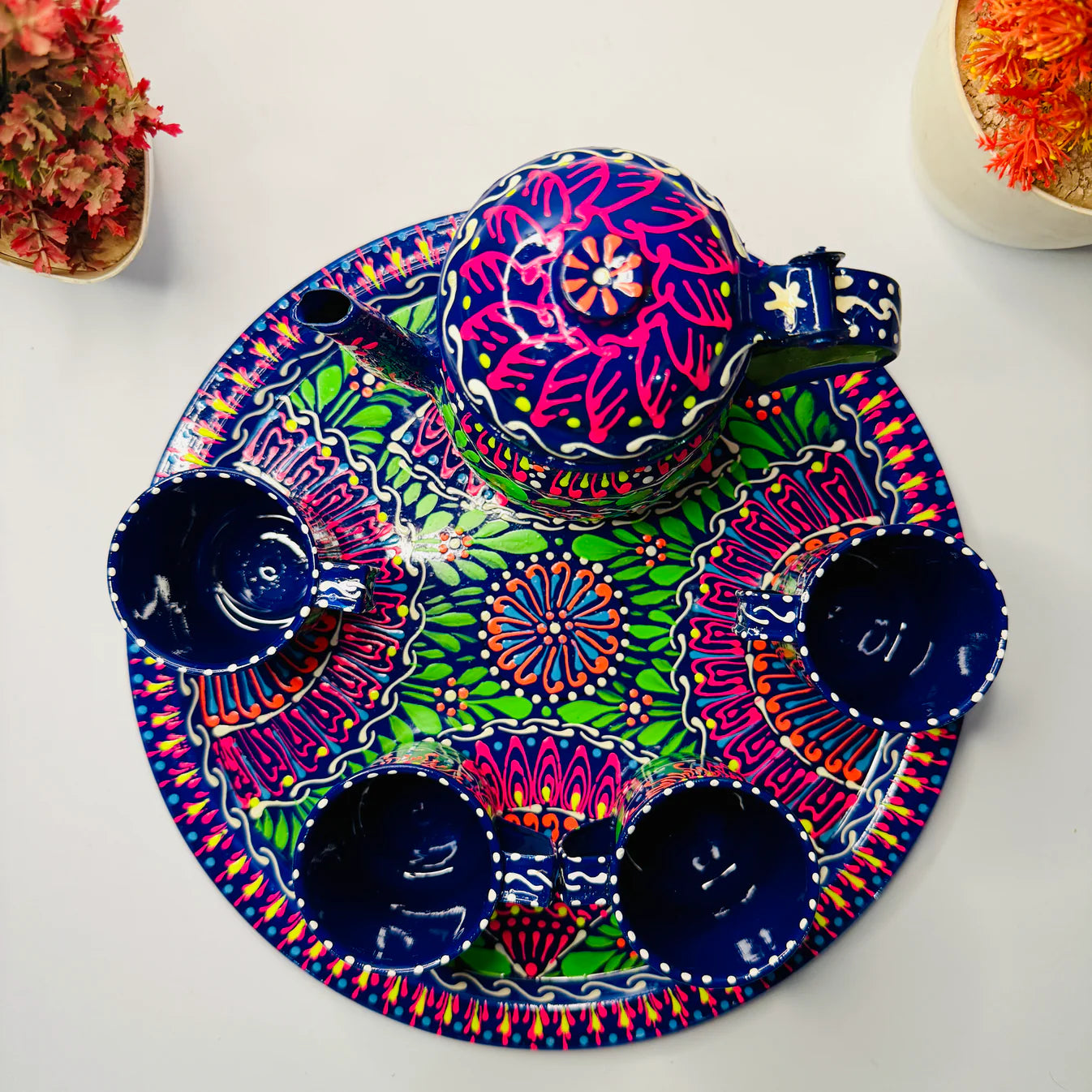 Pakistani Truck Art Inspired Fine Art Tea Set – Hand Painted Tray With 4 Cups