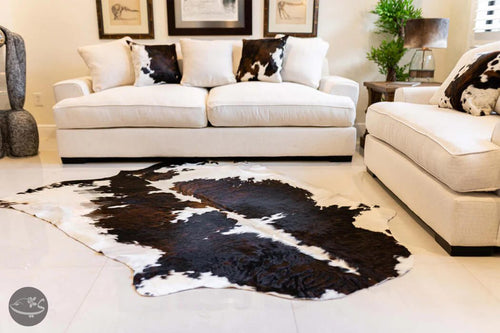 100% Genuine Tri-Colour Cowhide Rug – Brown, Black & White Modern Style Animal Skin Rug & Floor Carpet for Living Room, Bedroom, Kitchen & More