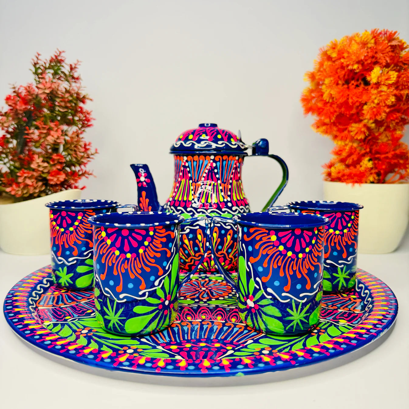 Pakistani Truck Art Inspired Fine Art Tea Set – Hand Painted Tray With 4 Cups