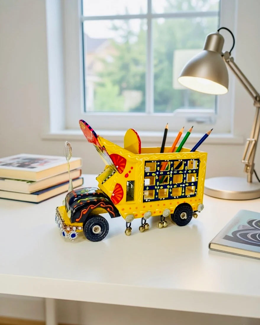 Hand-Painted Truck Pencil Holder – Yellow