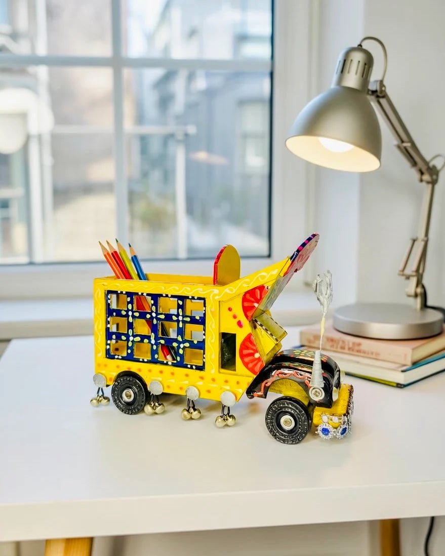 Hand-Painted Truck Pencil Holder – Yellow