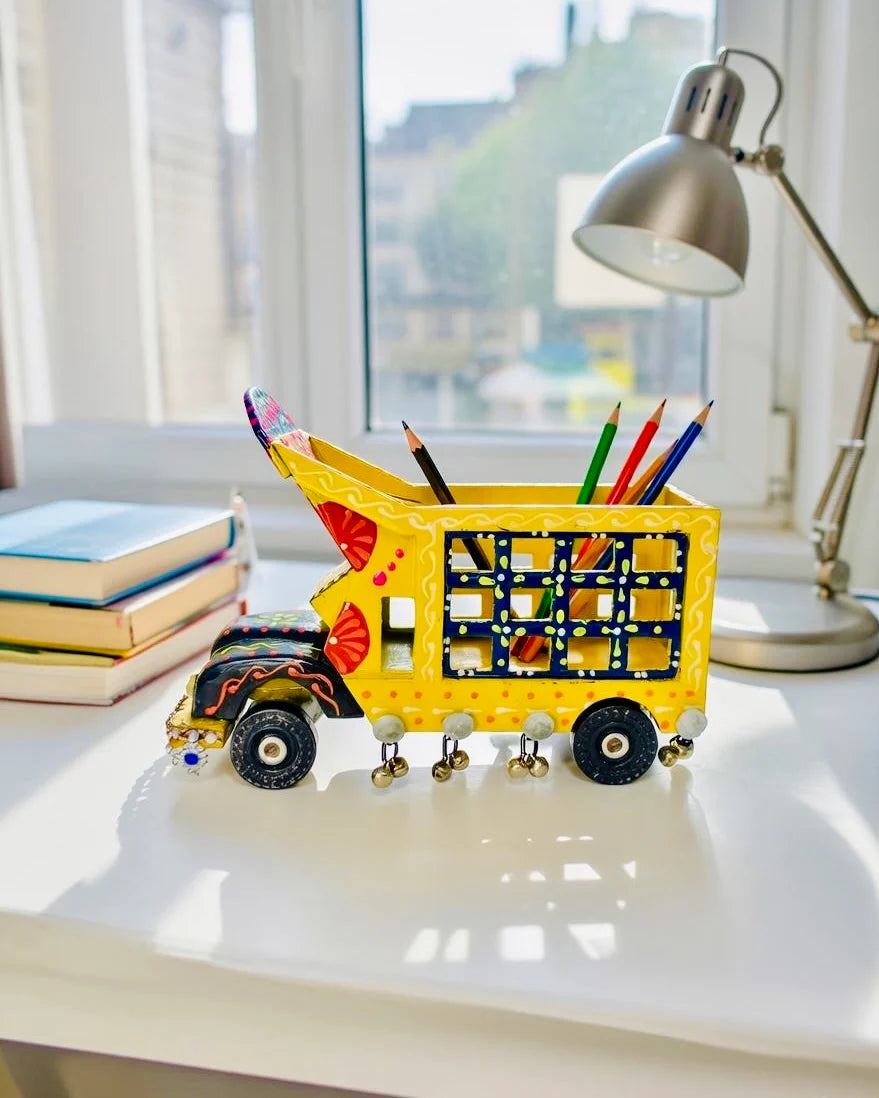 Hand-Painted Truck Pencil Holder – Yellow