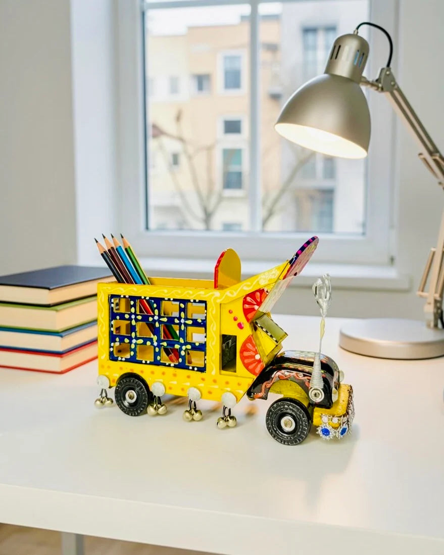 Hand-Painted Truck Pencil Holder – Yellow