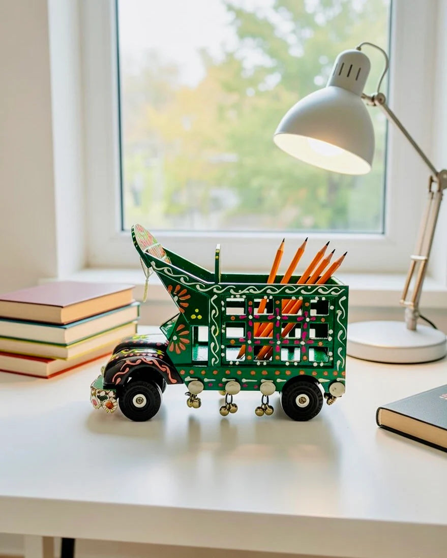 Hand-Painted Truck Pencil Holder – Green