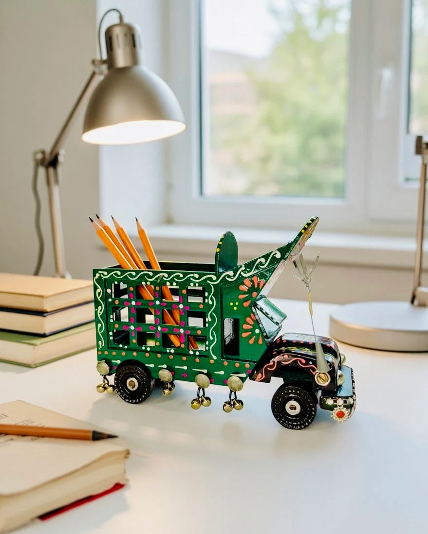 Hand-Painted Truck Pencil Holder – Green